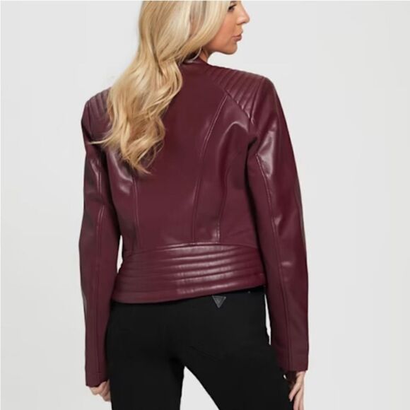 New Guess Fiammetta Faux Leather Moto Jacket Mystic Wine Size XS - Picture 3 of 16